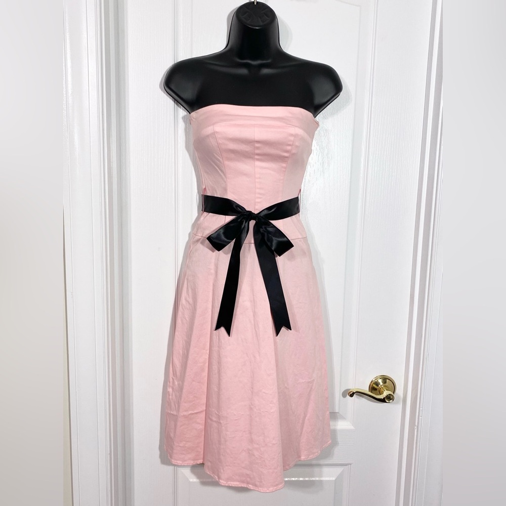 Vintage Notice USA MADE Strapless Pink A-Line Dress w/ Black Ribbon Sash Size 2